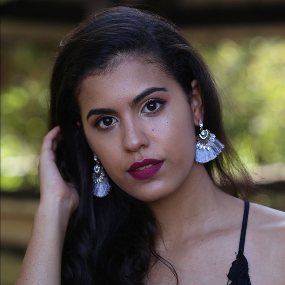 Gray Studded Tassel Earrings with Crystals - Picture 7 of 7